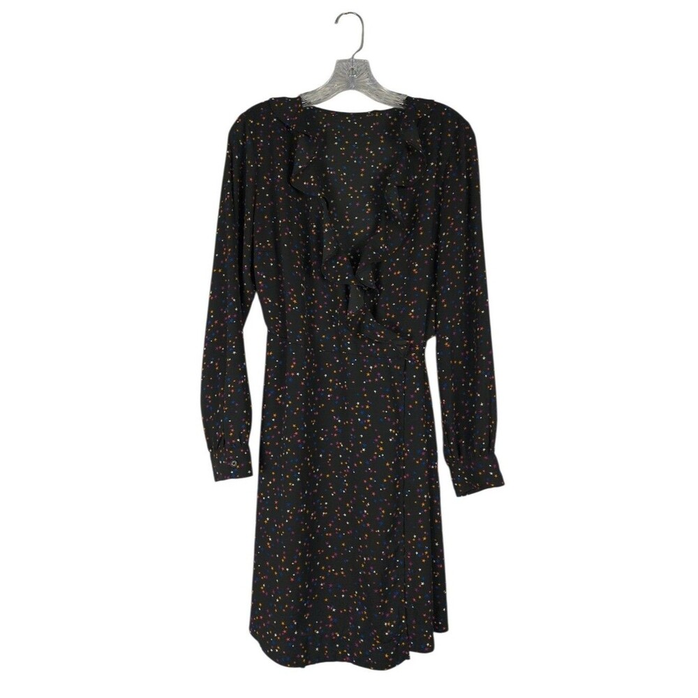 Popsugar Wrap Dress Women's M Black Multi Color Star Ruffle Long Sleeves Mini